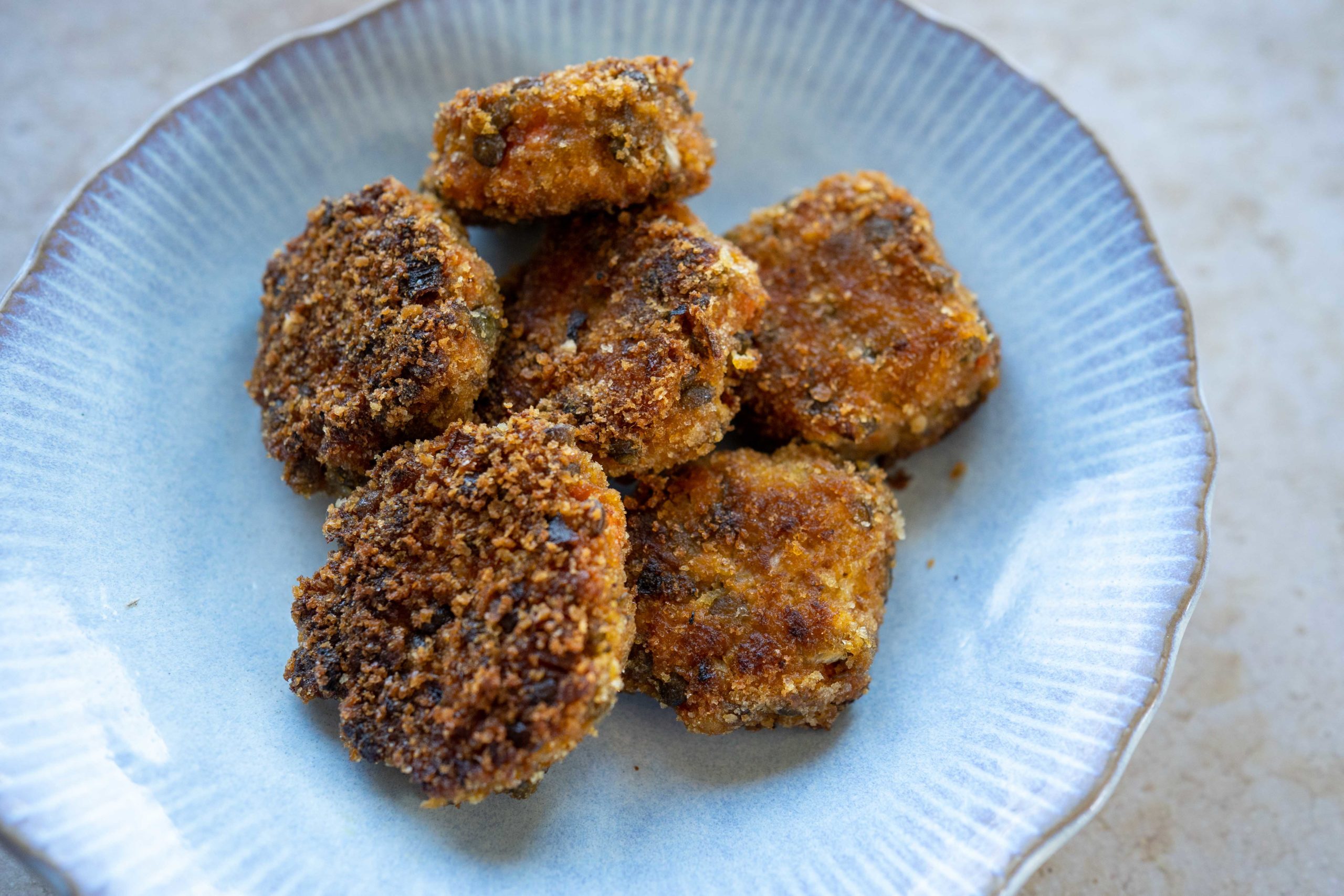 Croquettes de lentilles, coco, carottes et patates douces